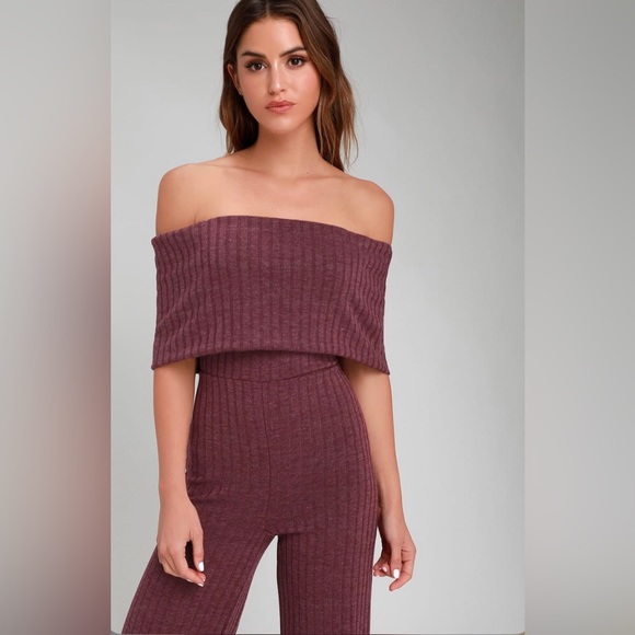 Lulus Always Styling Washed Burgundy Off-the-Shoulder Ribbed Jumpsuit - Picture 3 of 13